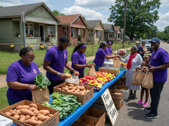 Volunteers packing food bags at an outdoor community distribution
