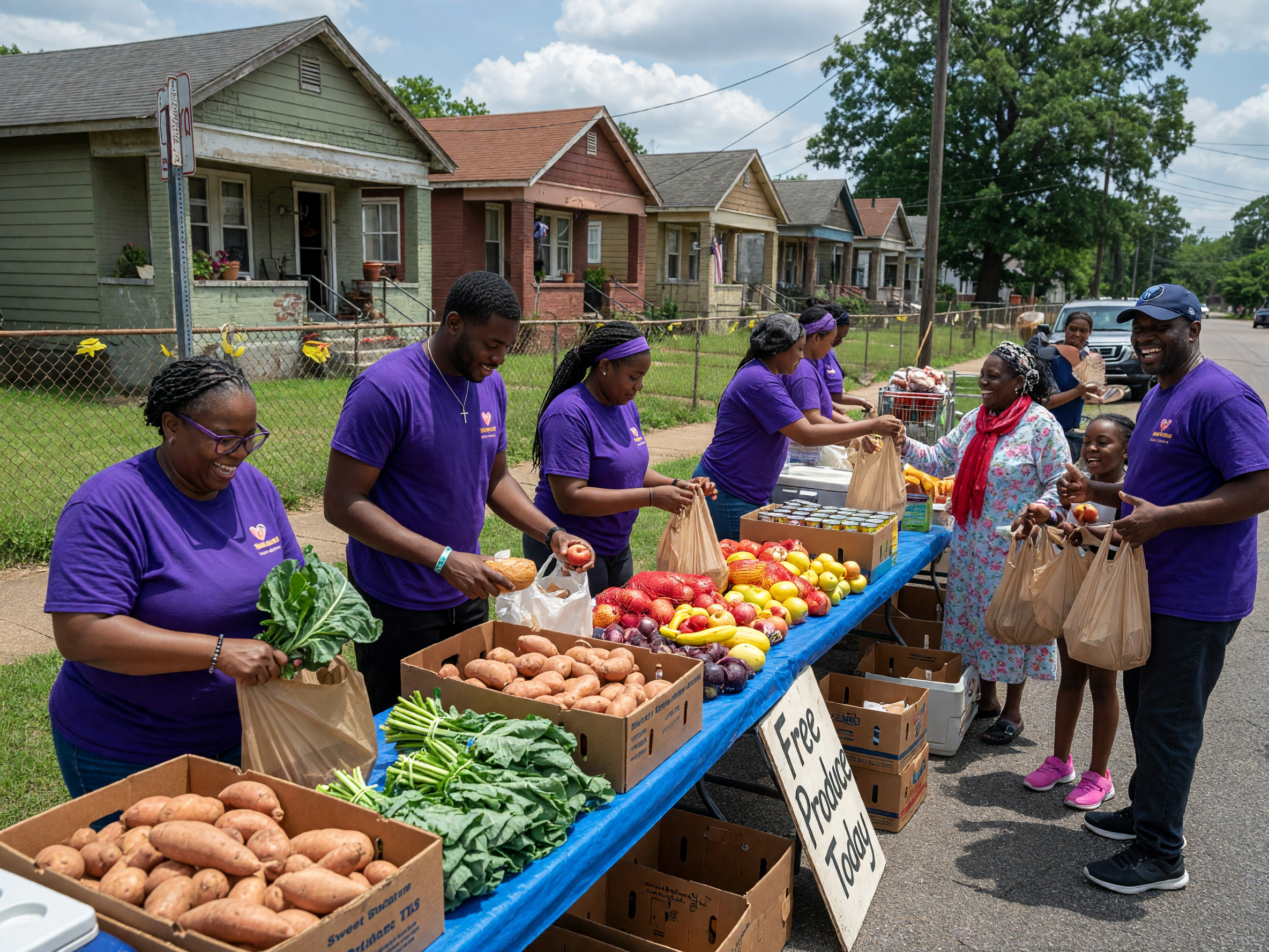 Volunteers packing food bags at an outdoor community distribution
