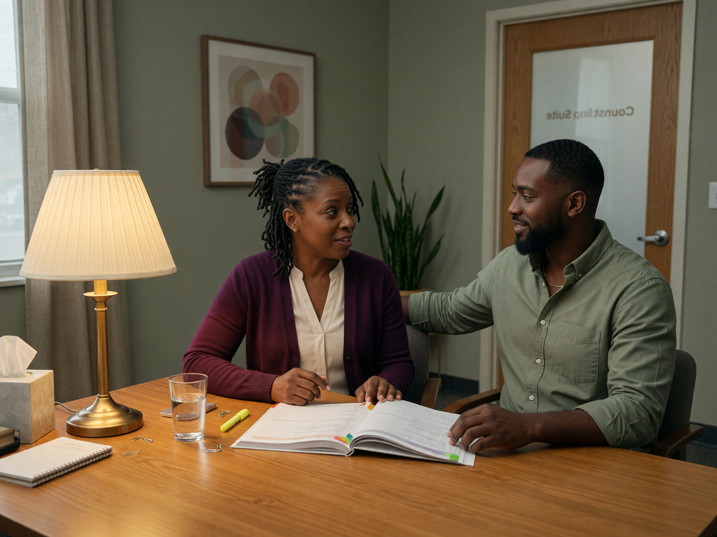 A couple reading and talking together with a workbook