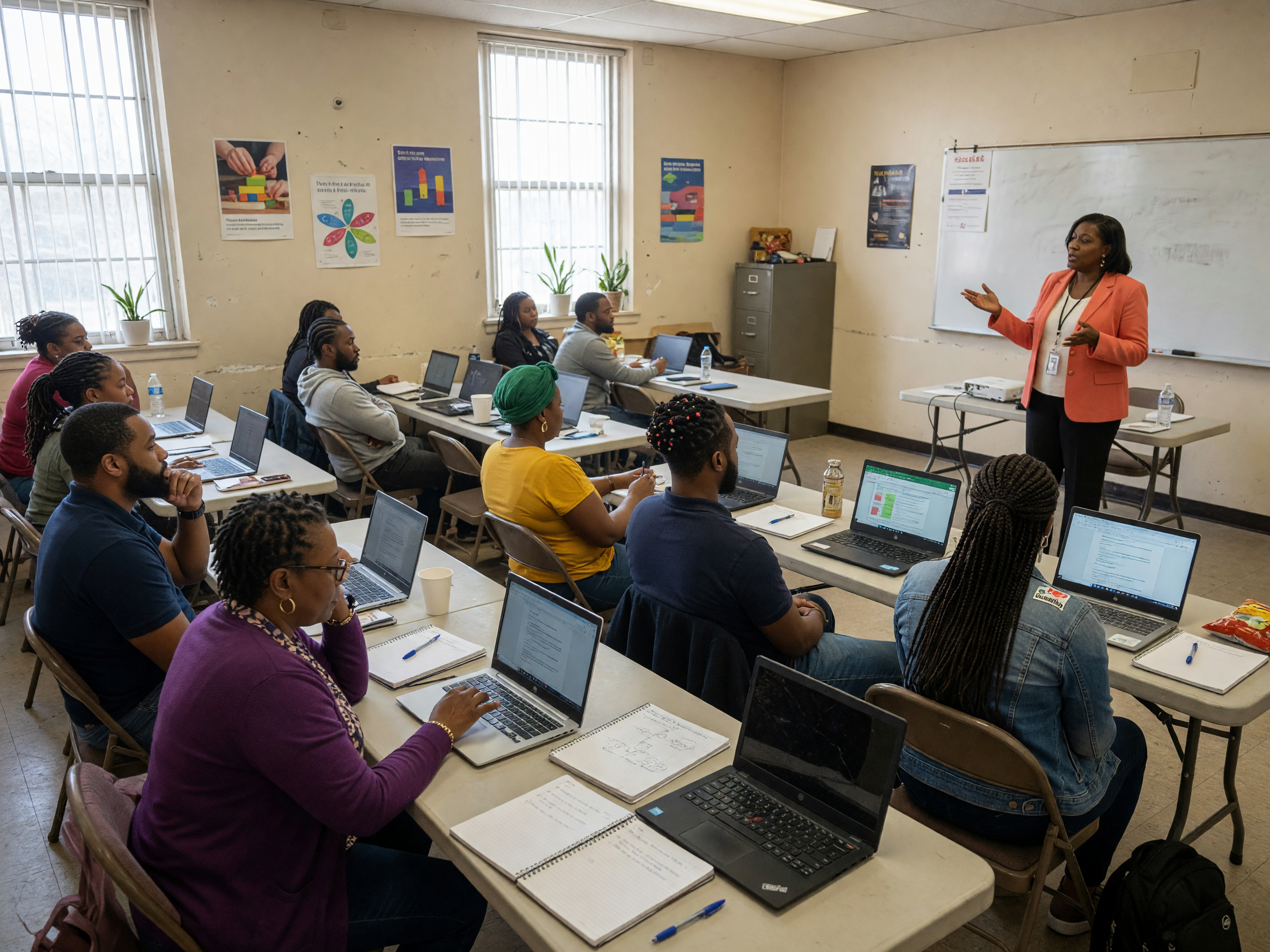 Adults learning job skills in a community classroom