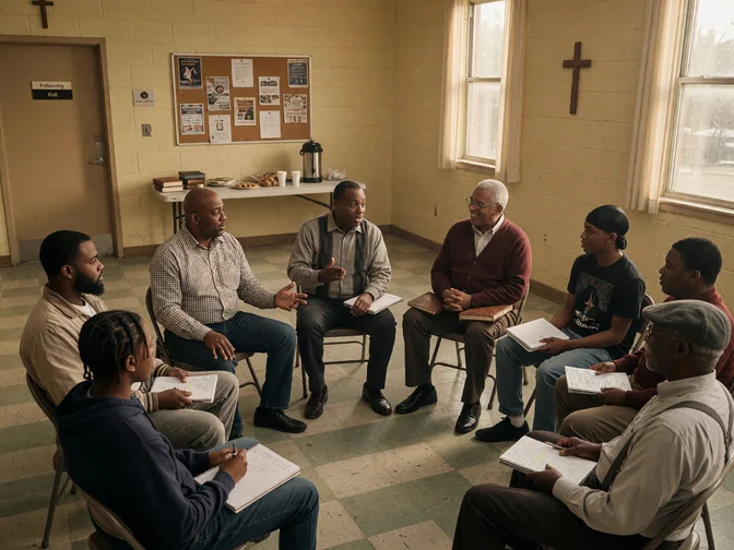 Men and boys meeting in a mentorship circle
