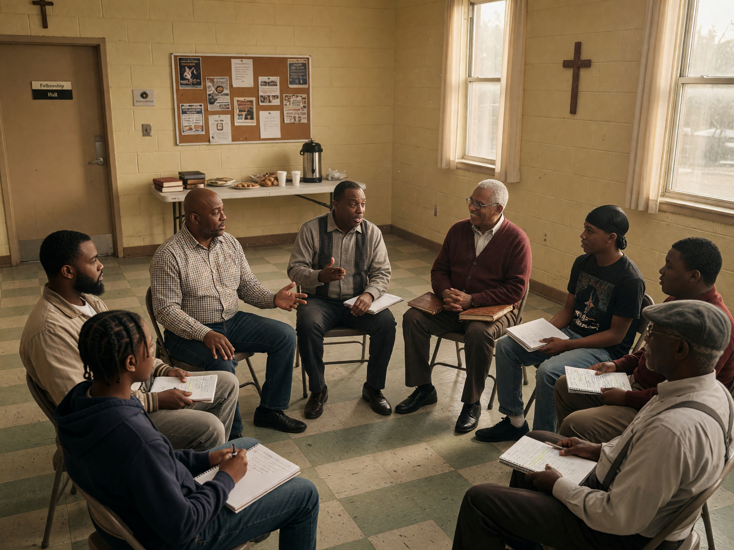 Men and boys meeting in a mentorship circle