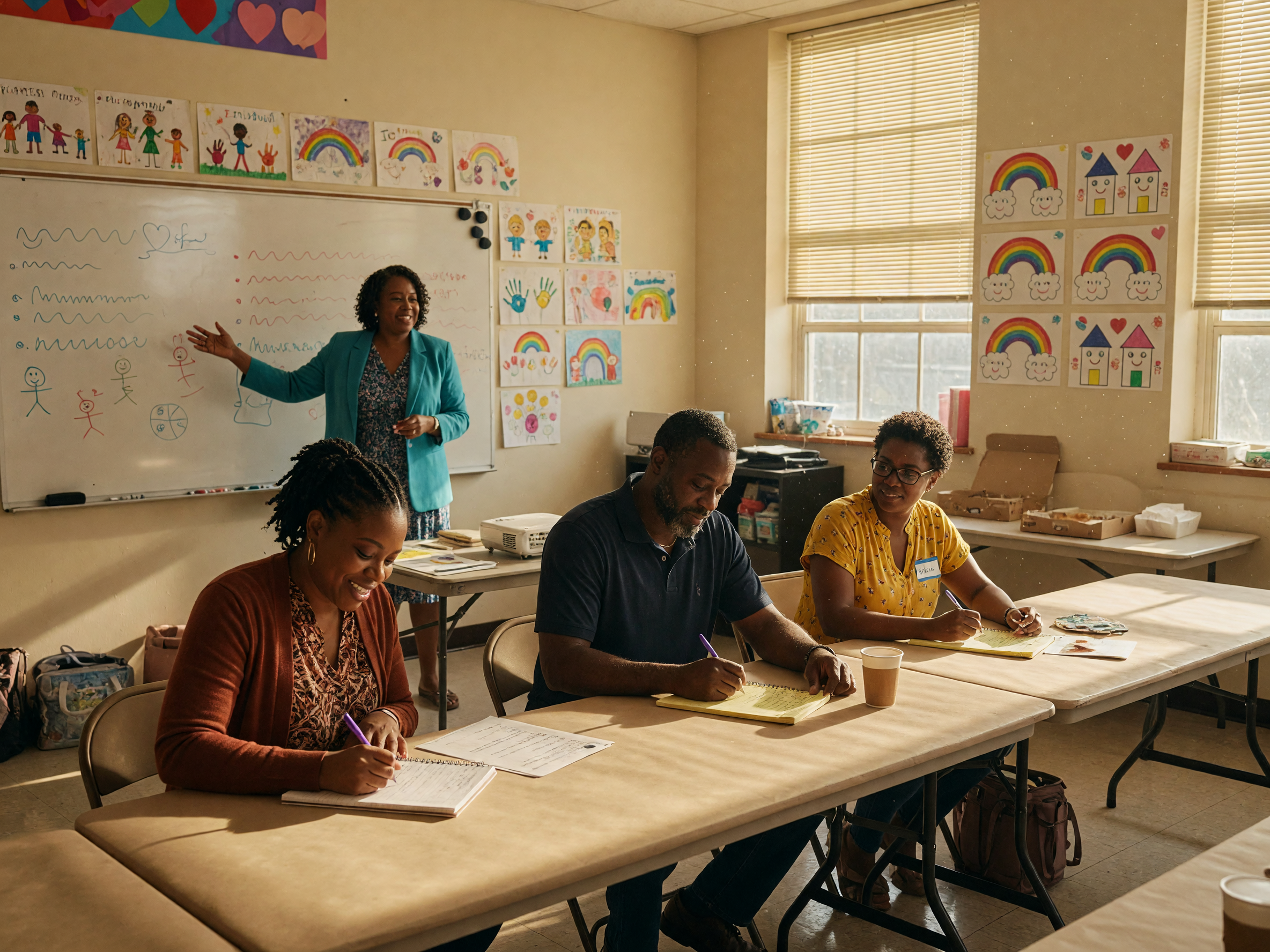 Parents learning together in a bright community parenting class