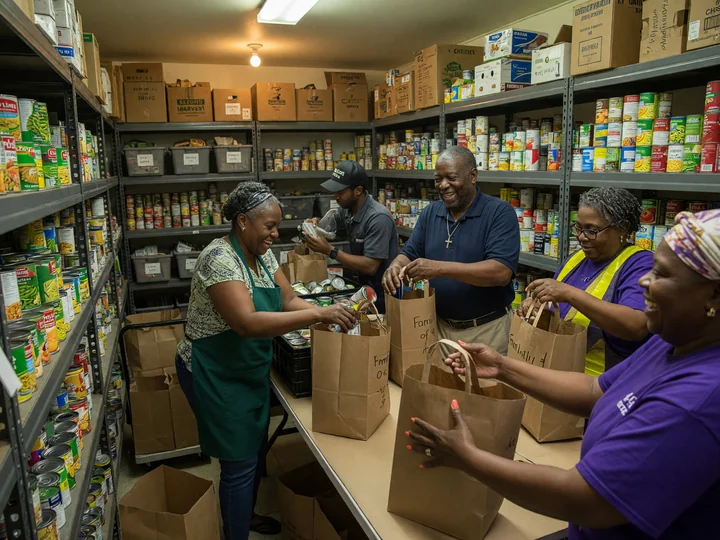 Volunteers packing food bags in the pantry