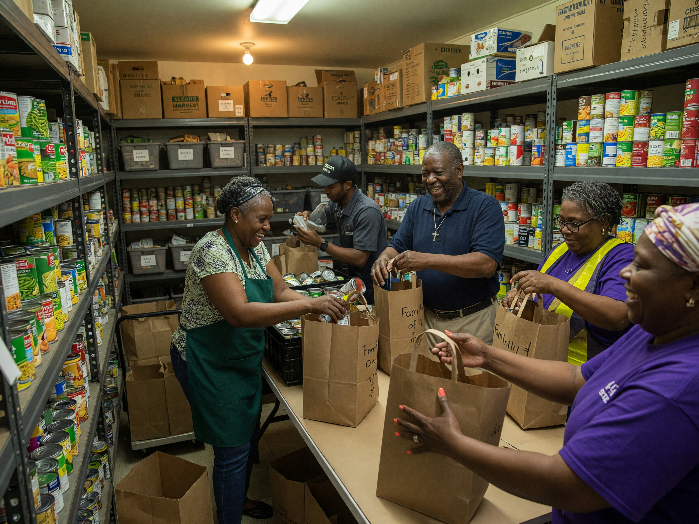 Volunteers packing food bags in the pantry
